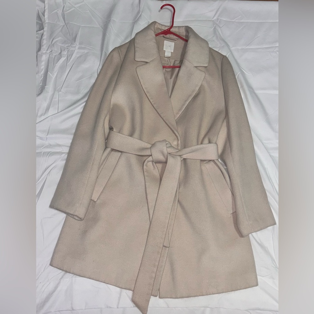 H&M Beige Belted Wool-Blend Pea Coat